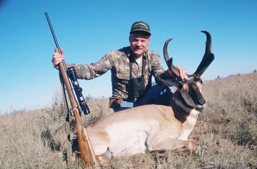 For years this gorgeous left-hand David Miller rifle in 7mm Remington Magnum was my “go to” rifle for medium-sized game. This is my best-ever pronghorn, taken in west Texas with a tough shot from a sitting position at about 250 yards.