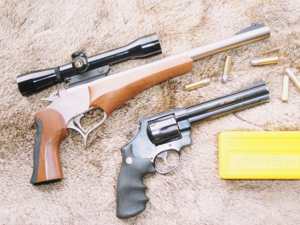 44 handguns: The .44 Remington Magnum, designed as a handgun cartridge, has been chambered to numerous pistols and revolvers. Boddington’s T/C Contender with .44 barrel and his S&W Classic Hunter are shown with Garrett’s 310-grain super-hard-cat “Hammerhead” load…which will not cycle in all lever-action carbines.