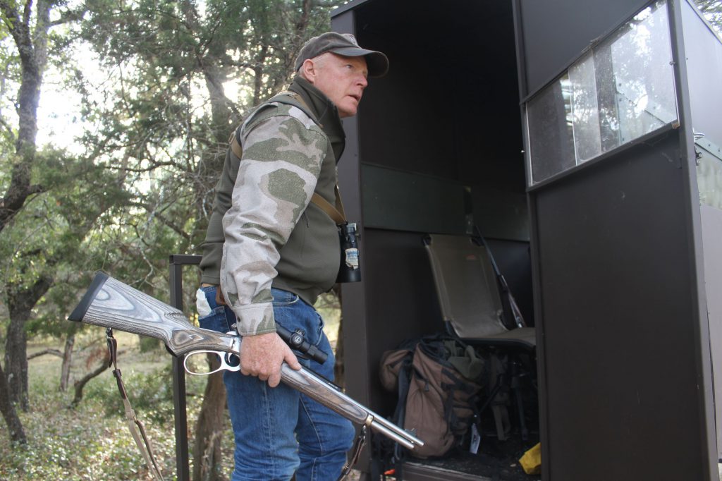 IMG_3794: Coming off a stand in Texas with the Marlin 1894 .44 Magnum. Boddington intended to use the carbine for wild hogs, but after a couple of unsuccessful outings he turned it to deer hunting…where it came through with flying colors.