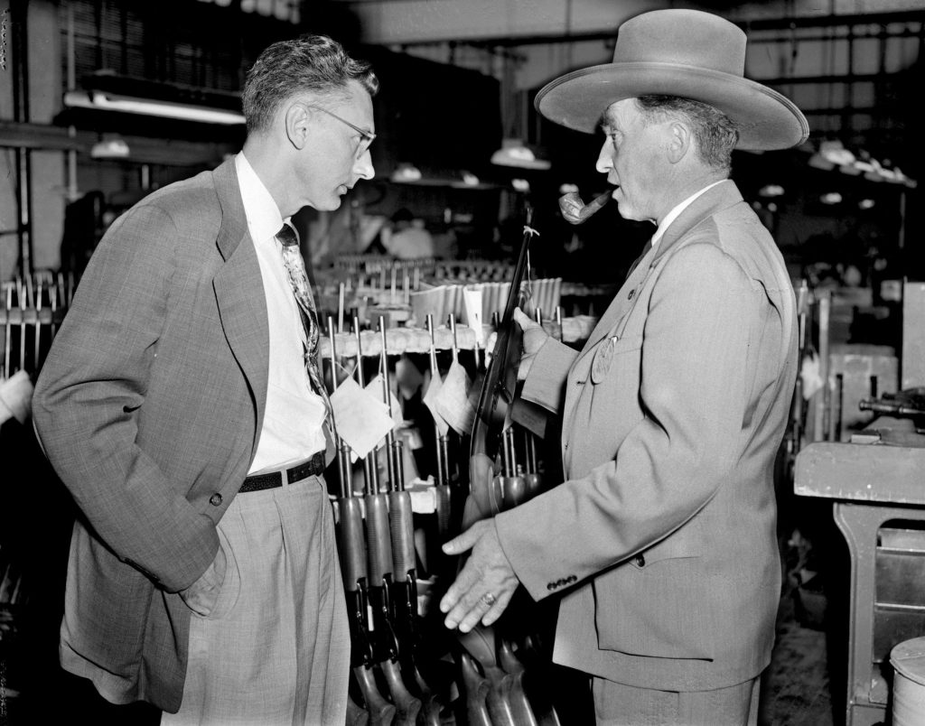 Mike Walker and Elmer Keith: Remington’s great engineer, Mike Walker, conferring with Elmer Keith at Remington’s Ilion factory. S&W made the first .44 Magnum revolvers, but Walker and Keith deserve credit for the cartridge.