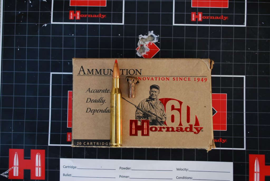 Hornady GMX: The Hornady GMX (Gilding Metal eXpanding) is another extremely effective homogenous alloy bullet. This is a 130-grain .270 GMX, recovered from a big Turkish stag taken at 400 yards. The group was fired from Donna Boddington’s MGA .270.