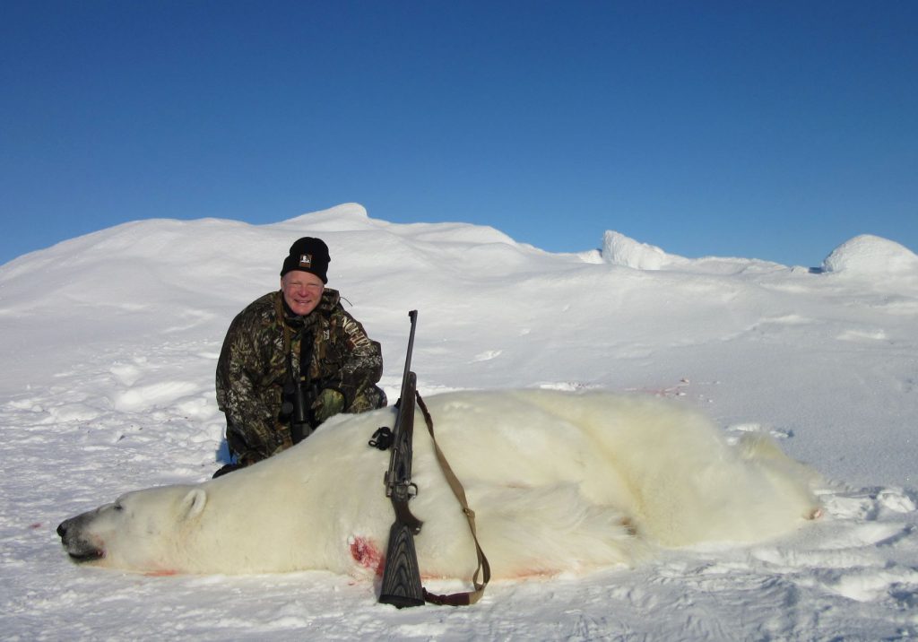 Boddington chose a 250-grain GMX in a Mossberg .375 Ruger for his polar bear hunt. The homogenous alloy bullets penetrate so well that some bullet weight can be sacrificed, yielding higher velocity and less recoil. This big bear was taken at 40 yards, all bullets exiting.