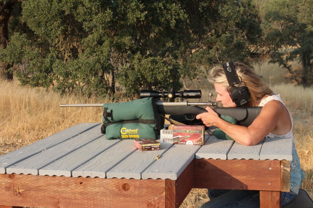 Donna sighting in for a deer hunt in California’s “condor zone” with a Mossberg in 6.5mm Creedmoor. At this time Federal’s 120-grain Trophy Copper was the only “unleaded” 6.5 Creedmoor factory load available. Fortunately, homogenous alloy bullets are popular, and options will increase.