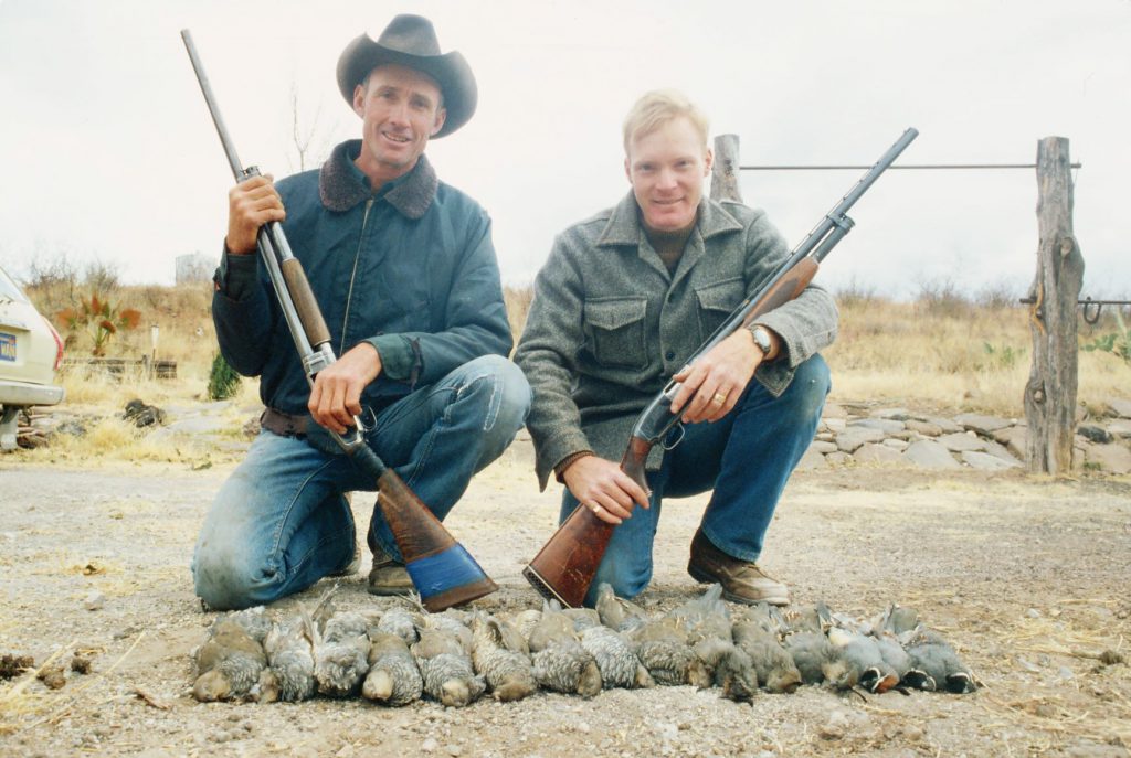 1979 AZ quail: Warner Glenn and Boddington in 1979 after a great morning on Arizona desert quail. Warner has a very early straight-gripped Model 12; Craig’s is his factory skeet Model 12, made in the 1950s. In ‘79 he’d had the gun for a decade, and it had seen a lot of use.