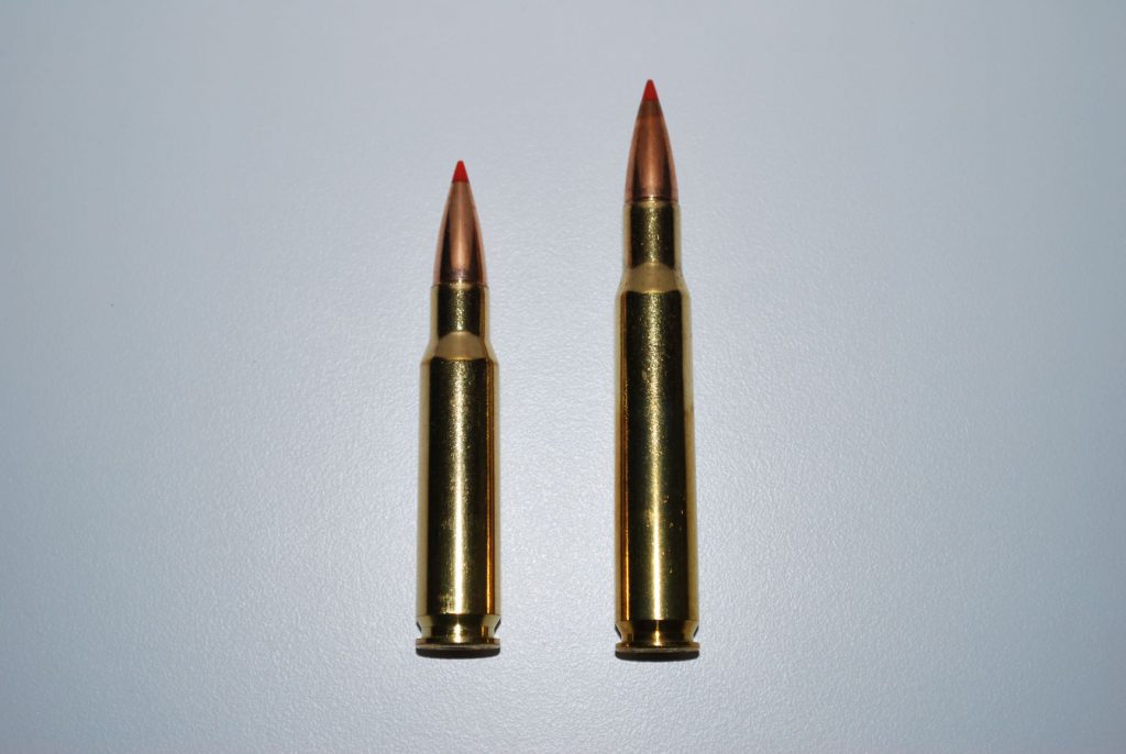 DSC_0292: Left, .308 Winchester; right, .30-06. The .308 (7.62x51 NATO) was introduced in 1952 by shortening the .30-06 case. The result is a slightly less powerful cartridge that fits in short actions, is more efficient, and tends to be extremely accurate.
