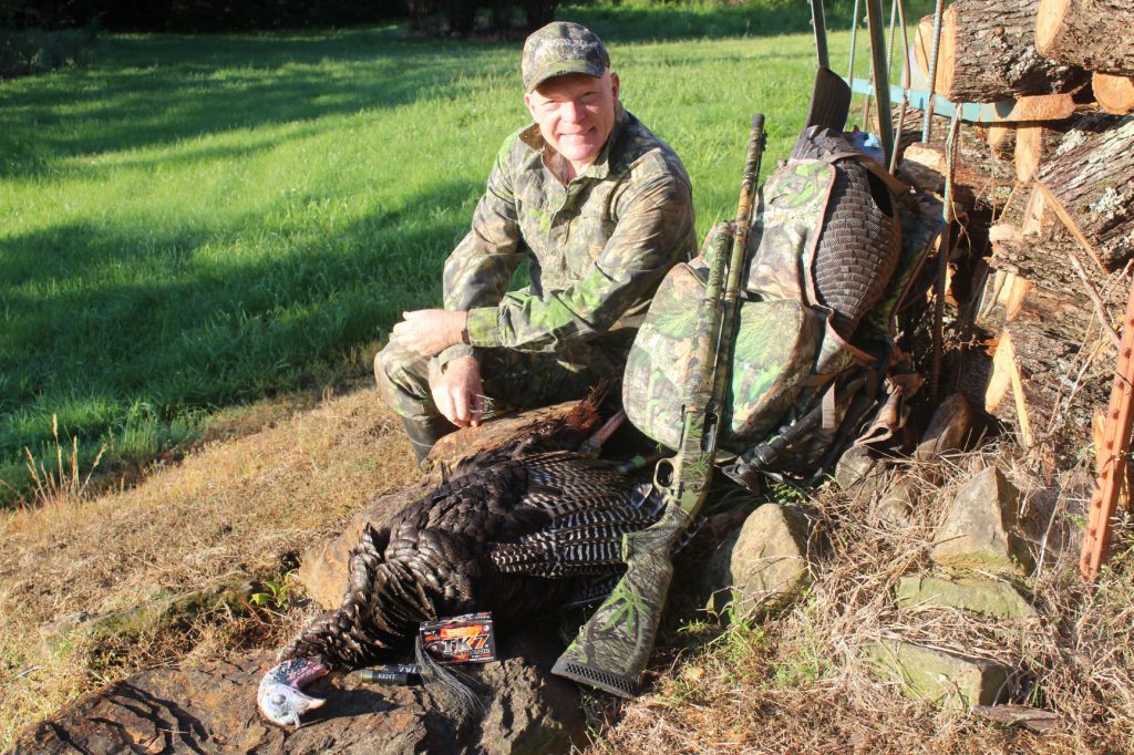 IMG_1351: A nice Eastern gobbler Boddington called in on his Kansas farm to the left-hand action Mossberg 500, using Kent’s Penetrator load with No. 7 tungsten shot.