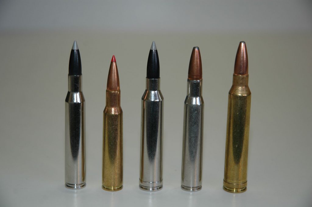 .270-general purpose: Left to right: .270 Winchester, 7mm-08, 7mm Remington Magnum, .30-06, .300 Winchester Magnum. All of these are acceptable elk cartridges, with the .270 and 7mm-08 good minimal choices, but fully adequate at moderate ranges.