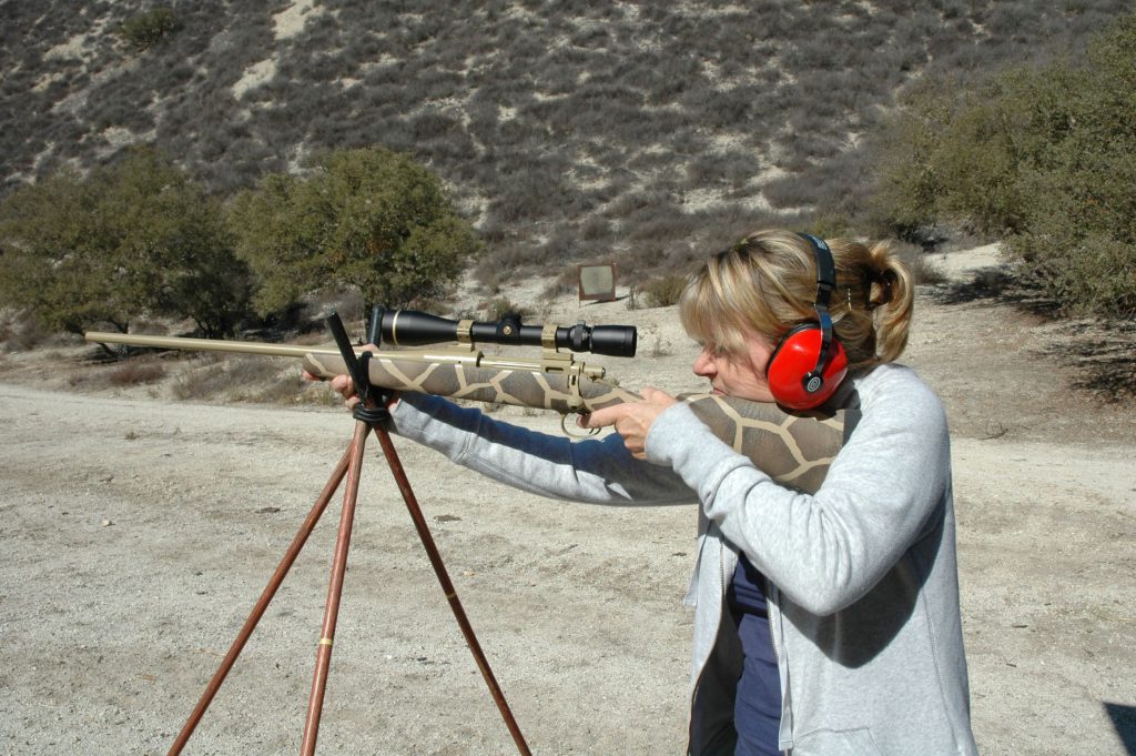 Donna sticks-270: Donna Boddington on sticks with her MGA .270. This rifle weighs less than six pounds with scope so recoil is significant, but not appreciably more than a 6.5mm Creedmoor.