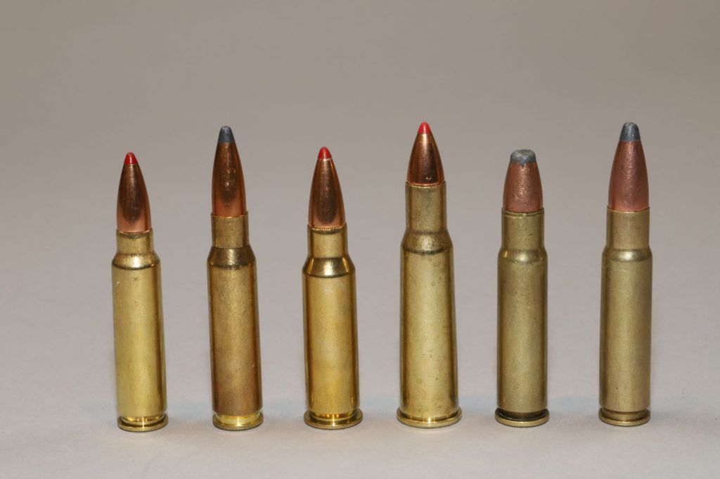 Left to right: .300 Savage, .308 Winchester, .338 Marlin Express, .348 Winchester, .356 Winchester, .358 Winchester. These are just a few cartridges that extend either power or range—or both—in lever-action platforms.