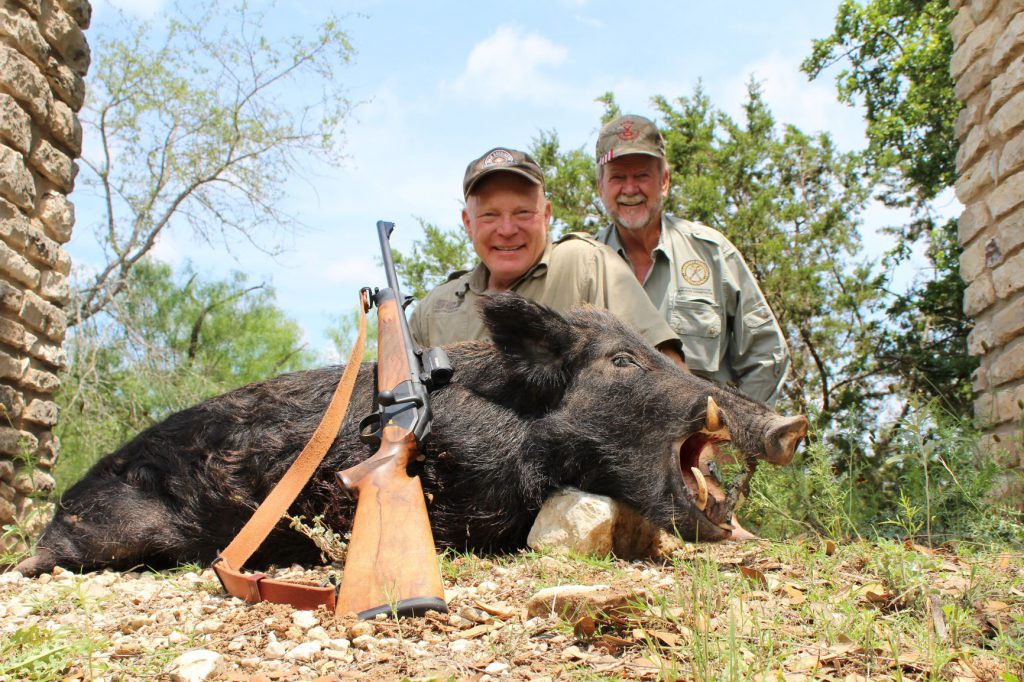 IMG_3665: Boddington and Byron Sadler with a wonderful Texas boar, taken with a Blaser in .308 Winchester with an AimPoint sight. The .308 Winchester is always a great choice for hog hunting!