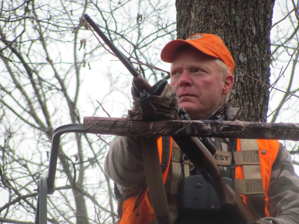 IMG_0013: Boddington’s Kansas treestands are almost all sturdy Ameristep brand with a padded safety rail that offers a solid rest. Although it certainly happens, there’s little excuse for a poor shot from a setup like this.