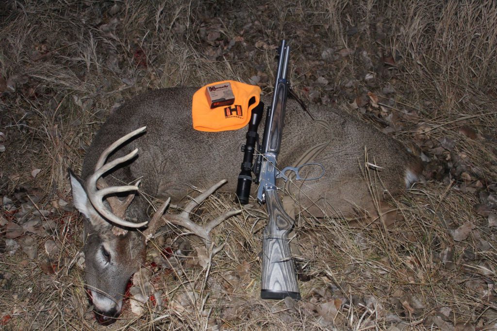 IMG_3908: This Nebraska buck was taken at sunset with a .44 Magnum Marlin carbine from a Texas-style tower blind. Shot quartering-to at about 125 yards, the buck showed absolutely no reaction to the hit. This happens, but the buck went less than 50 yards.