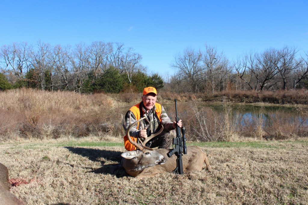 AR Rock River whitetail: A good Kansas eight-pointer, taken with a Rock River AR .223 using a 62-grain Barnes TSX. With proper bullets the .223 is adequate for deer-sized game, but Boddington believes you must pick your shots carefully.