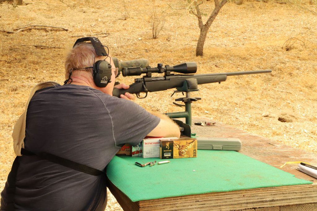 IMG_0362: On the bench with a Mossberg Patriot in .350 Legend. Recoil is extremely mild, and the report is also noticeably soft.