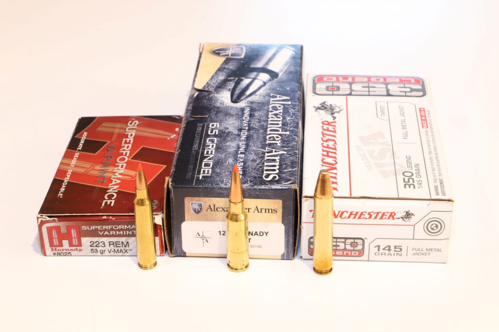 IMG_0878, 0884: Boddington’s “top three” AR-compatible cartridges, left to right: .223 Remington/5.56x45mm NATO; 6.5mm Grendel; .350 Legend.