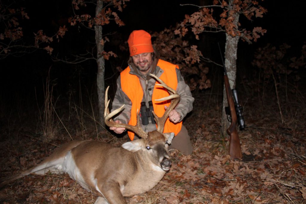 IMG_9945: Jason Morton with his best-ever whitetail, a big Kansas buck taken with a CZ 527 bolt-action is 6.5mm Grendel. Morton has done a lot of hunting with the Grendel, finding it extremely effective out to about 300 yards.