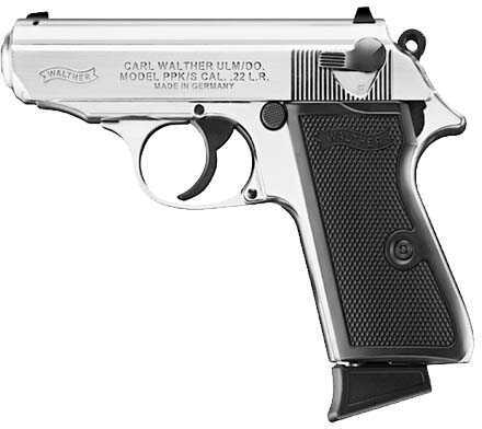 Click to see larger image. Walther PPK/S Semi-Automatic Pistol 22 LR 3.35" Barrel 10 Rounds Fixed Sights Nickel Plated Finish Black Grips