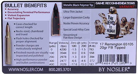 17 Remington 20 Rounds Ammunition Nosler 20 Grain Ballistic Tip