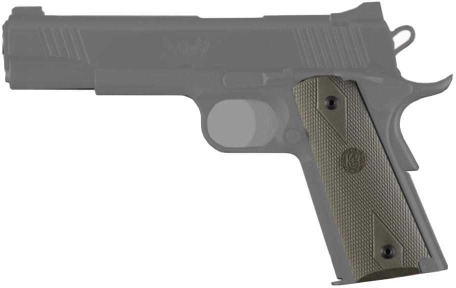 Hogue Grips Rubber Fits 1911 Govt Model Checkered No Finger Grooves Diamond Pattern OD Green 45011