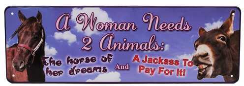 Click to see larger image. Rivers Edge Products 10.5" x 3.5" Tin Sign A Woman Nees 2 Animals 1431