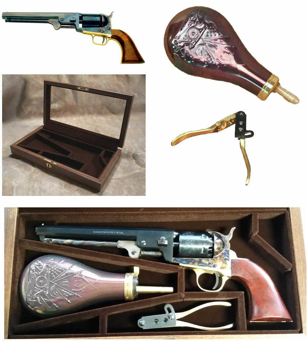 Click to see larger image. Pietta Case Set 1851 Navy Steel .36 Caliber Revolver 7-1/2" Octagonal Barrel with Powder Flask, Bullet Mold