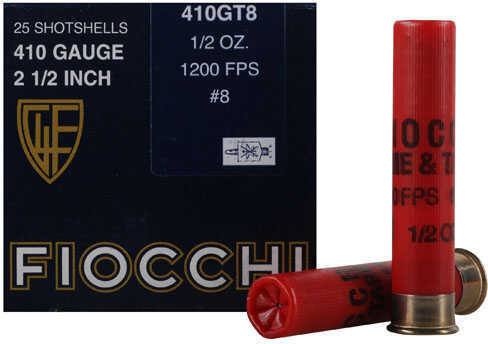 Click to see larger image. 410 Gauge 25 Rounds Ammunition Fiocchi Ammo 1/2" oz Lead #8