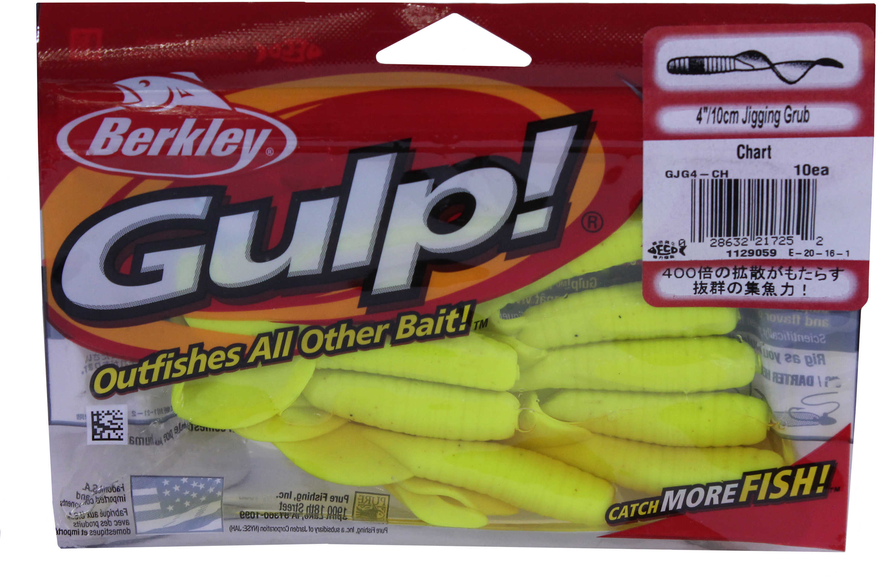 Berkley Gulp! Jigging Grub 4In 10per bag Chartreuse Md: GJG4-CH