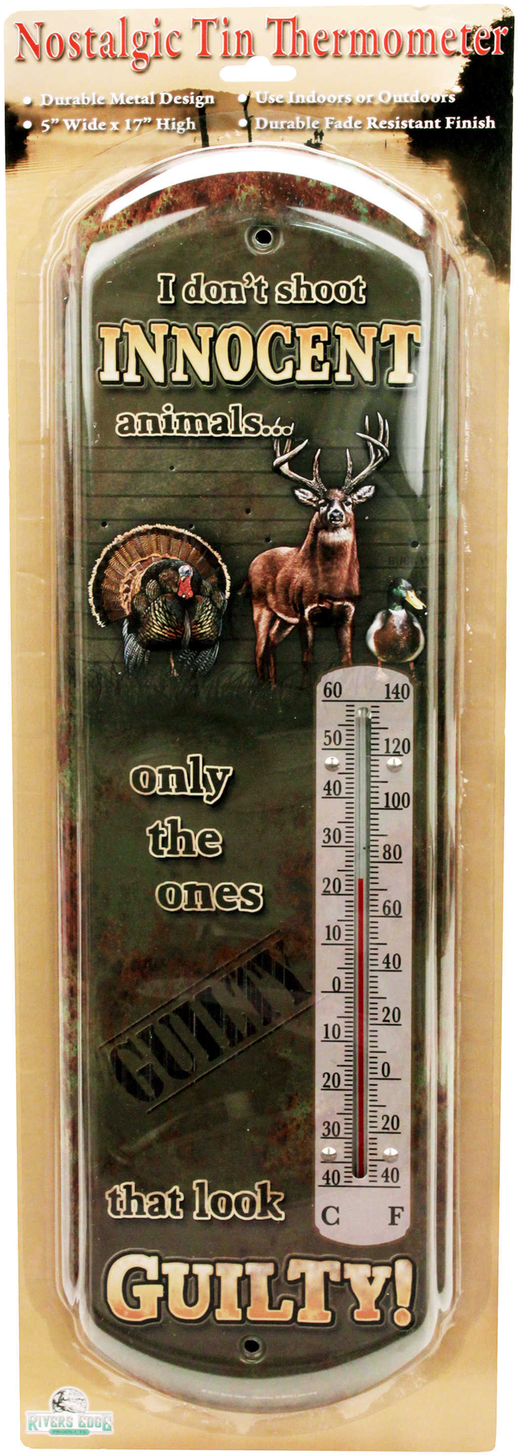 Rivers Edge Innocent Animals Thermometer Tin Indoor/Outdoor 17''x5''