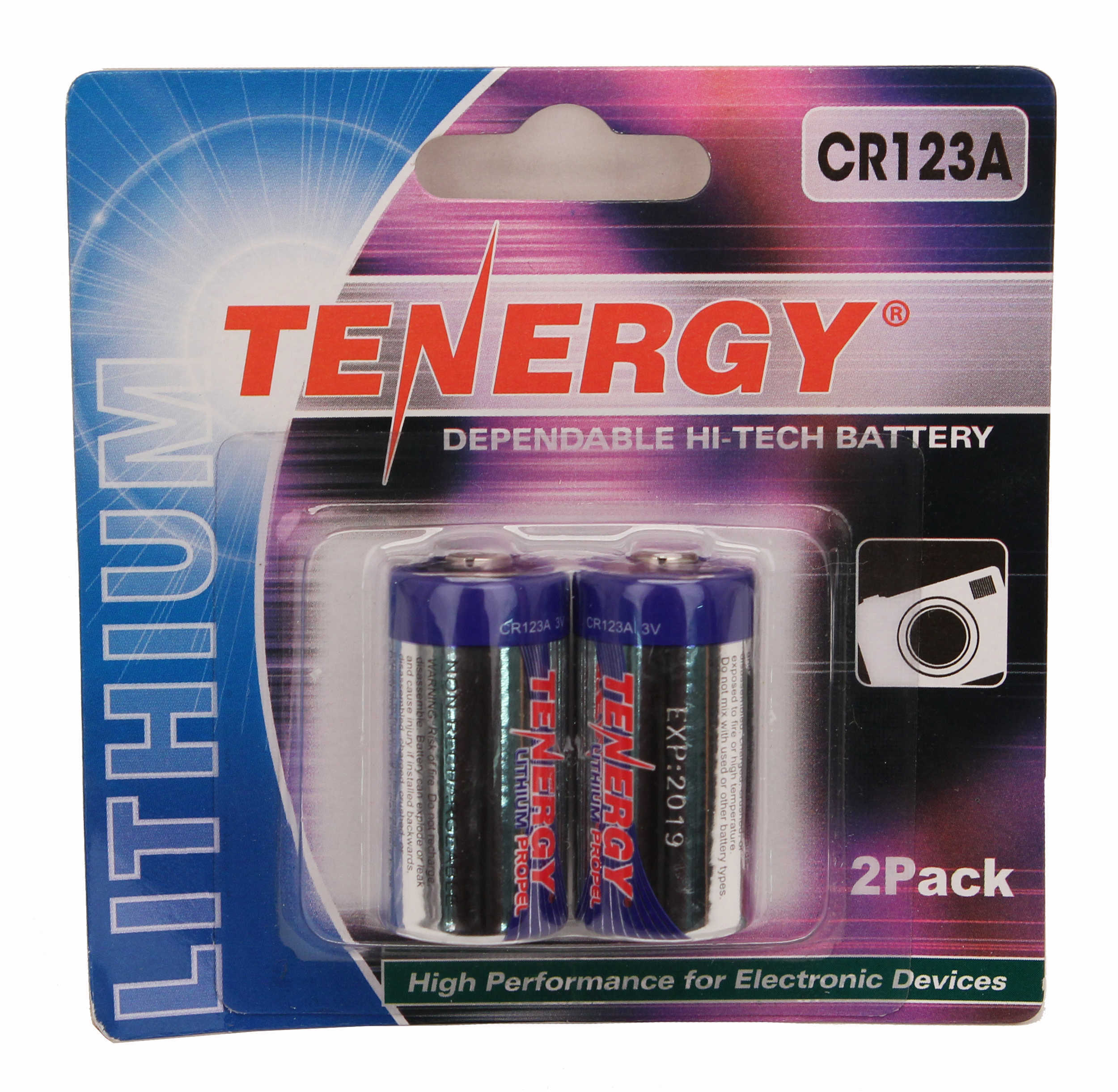 Tenergy Non-Rechargeable CR123A 3V Batteries, 2-Pack Md: 30407