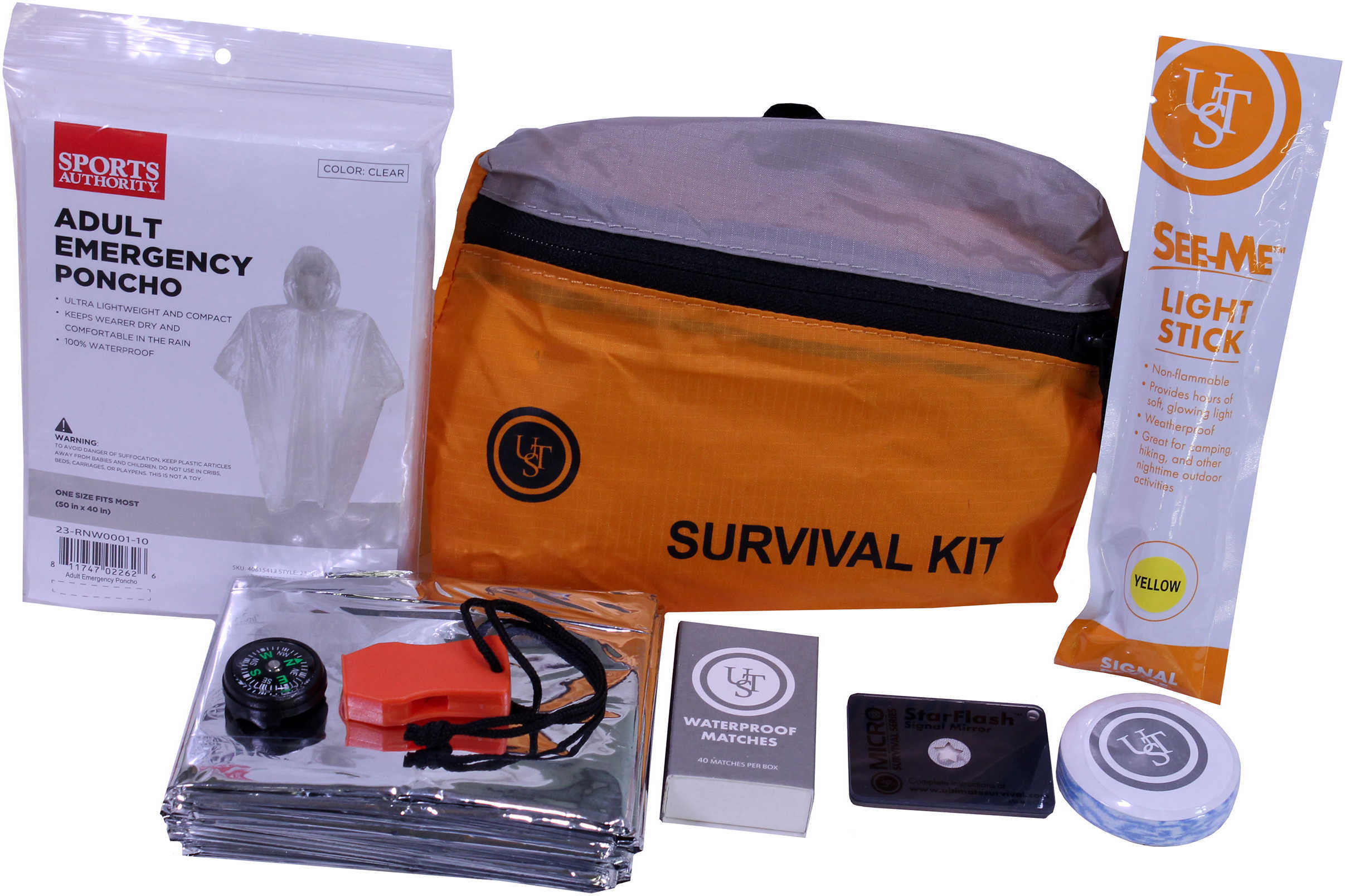 UST - Ultimate Survival Technologies Featherlite Kit 1.0 Includes Compass Emergency Blanket Poncho Whistle