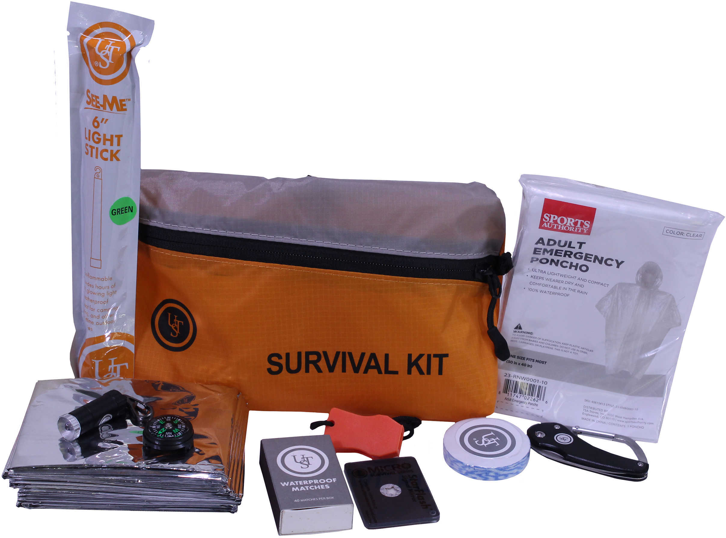UST - Ultimate Survival Technologies Featherlite Kit 2.0 Includes Compass Emergency Blanket Poncho Whistle