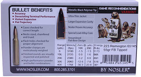 223 Remington 20 Rounds Ammunition Nosler 55 Grain Flat Base Tipped