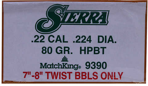Sierra 22 Caliber (.224) .22 80 Grains HPBT Match (Per 500) 9390