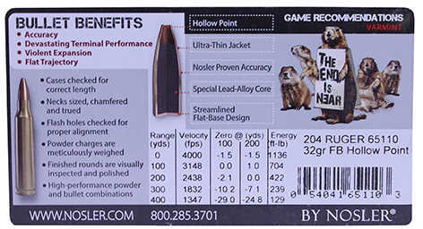 204 Ruger 20 Rounds Ammunition Nosler 32 Grain Hollow Point