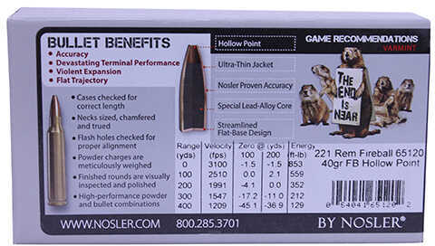 221 Remington Fireball 20 Rounds Ammunition Nosler 40 Grain Hollow Point