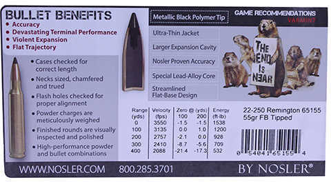 Nosler Varmageddon 22-250 Remington 20 Rounds Ammunition 55 Gr Flat Base Tipped