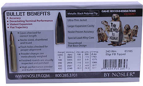 243 Winchester 20 Rounds Ammunition Nosler 55 Grain Hollow Point