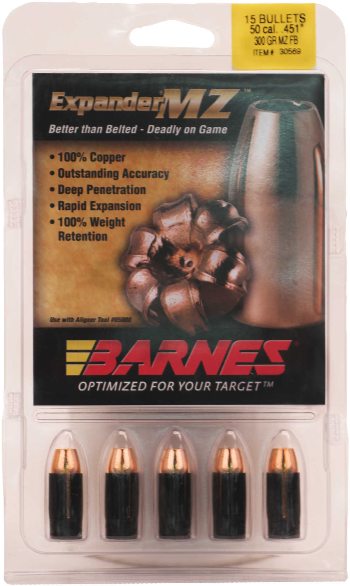 Barnes .50 Caliber .451" Diameter 300 Grain Expander MZ Hollow Point Flat Base Muzzleloading Bullet 15 Count 45131