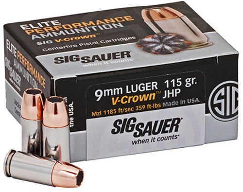 9mm Luger 50 Rounds Ammunition Sig Sauer 115 Grain Jacketed Hollow Point