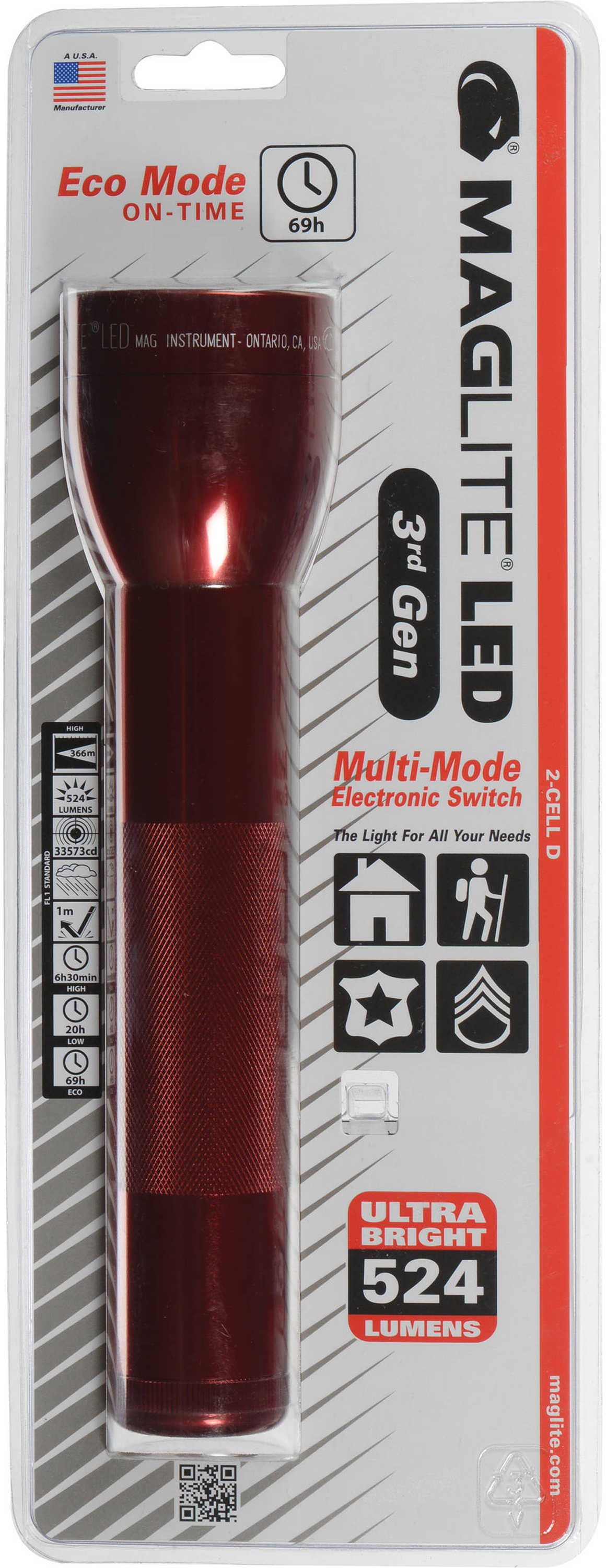 Maglite ML300L LED 2 Cell D Flashlight Clam Package, Red Md: ML300L-S2036