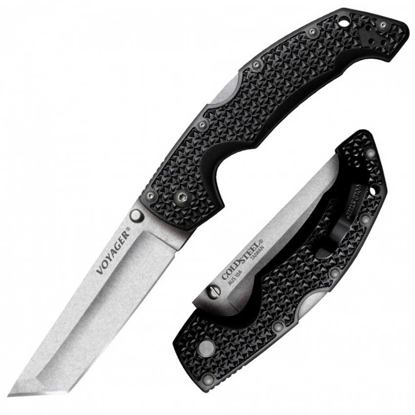 Cold Steel Voyager 4" Folding Knife Tanto Point Plain Edge AUS 8A/Stone Washed BD1 Dual Thumb Stud/Pocket Clip 29T
