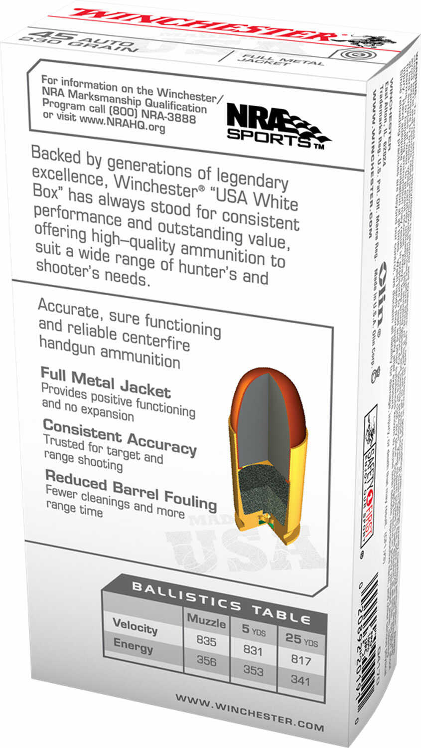 45 ACP 50 Rounds Ammunition Winchester 230 Grain Full Metal Jacket