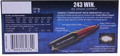 243 Winchester 20 Rounds Ammunition Federal Cartridge 85 Grain Copper