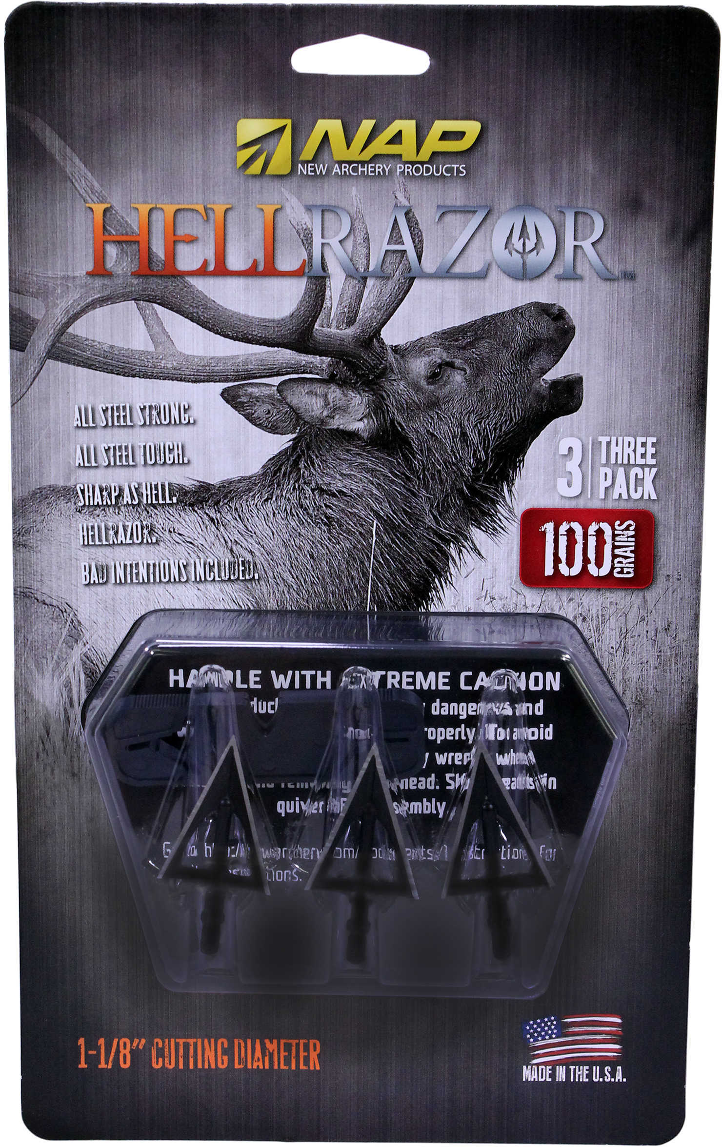 New Archery Nap BROADHEAD HELLRAZOR 1-Piece 100 Grains 1 1/8" Cut 3Pk