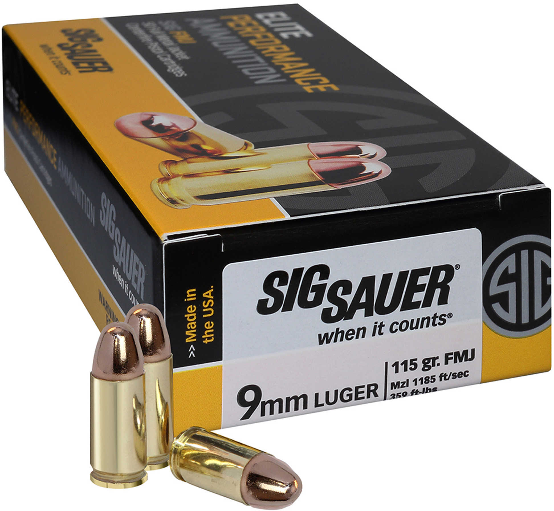 Sig Sauer Elite Ball 9mm Luger 115 gr Full Metal Jacket (FMJ) Ammo 50 Round Box