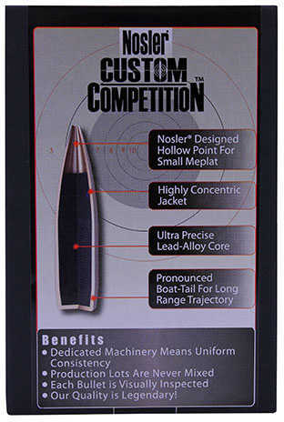 Nosler 22 Caliber (.224) 69 Grains Hollow Point Boat Tail Custom Competition (Per 100) 17101