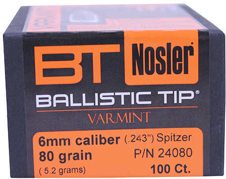 Nosler 6mm/243 Caliber 80 Grains Spitzer Ballistic Tip Varmint (Per 100) 24080