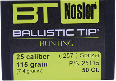 Nosler 25 Caliber 115 Grains Spitzer Ballistic Tip (Per 50) 25115