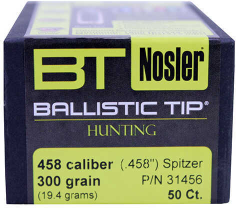 Nosler Ballistic Tip Hunting Bullets 458 Caliber 300 Grains Spitzer Per 50 Md: 31456