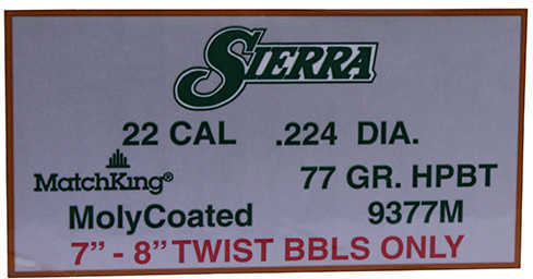 Sierra 22 Caliber (.224) .22 77 Grains HPBT Match Moly (Per 500) 9377M